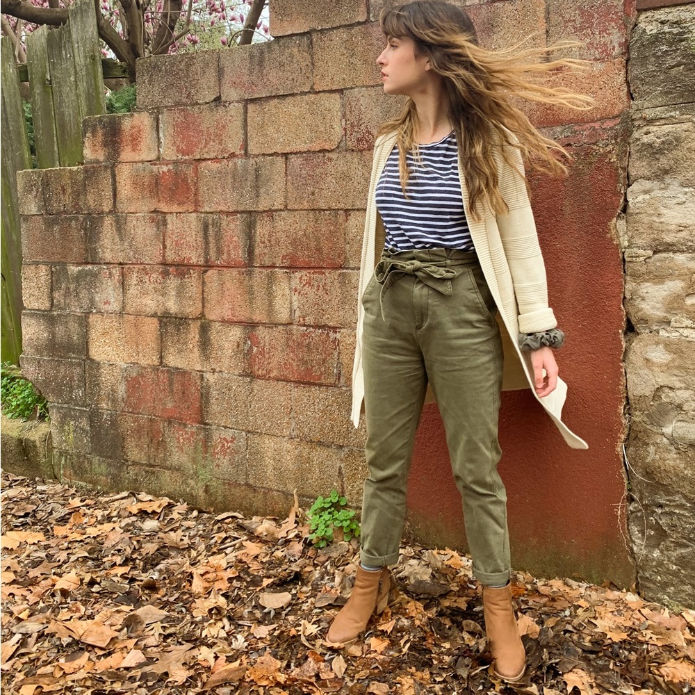 Express olive green paperbag waist trouser pant 0R